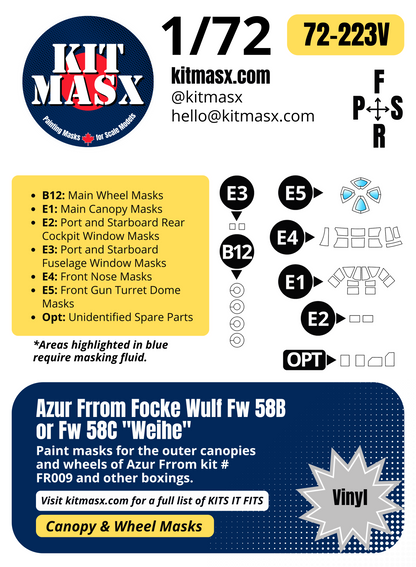 Azur Frrom Focke Wulf Fw 58B or Fw 58C "Weihe" 1/72 Canopy & Wheel Paint Masks, Kit # FR009