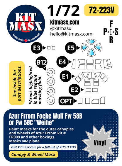 Azur Frrom Focke Wulf Fw 58B or Fw 58C "Weihe" 1/72 Canopy & Wheel Paint Masks, Kit # FR009 (72223)