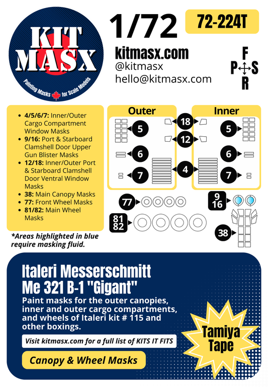 Italeri Messerschmitt Me 321 B-1 "Gigant" 1/72 Canopy & Wheel Paint Masks, Kit # 115