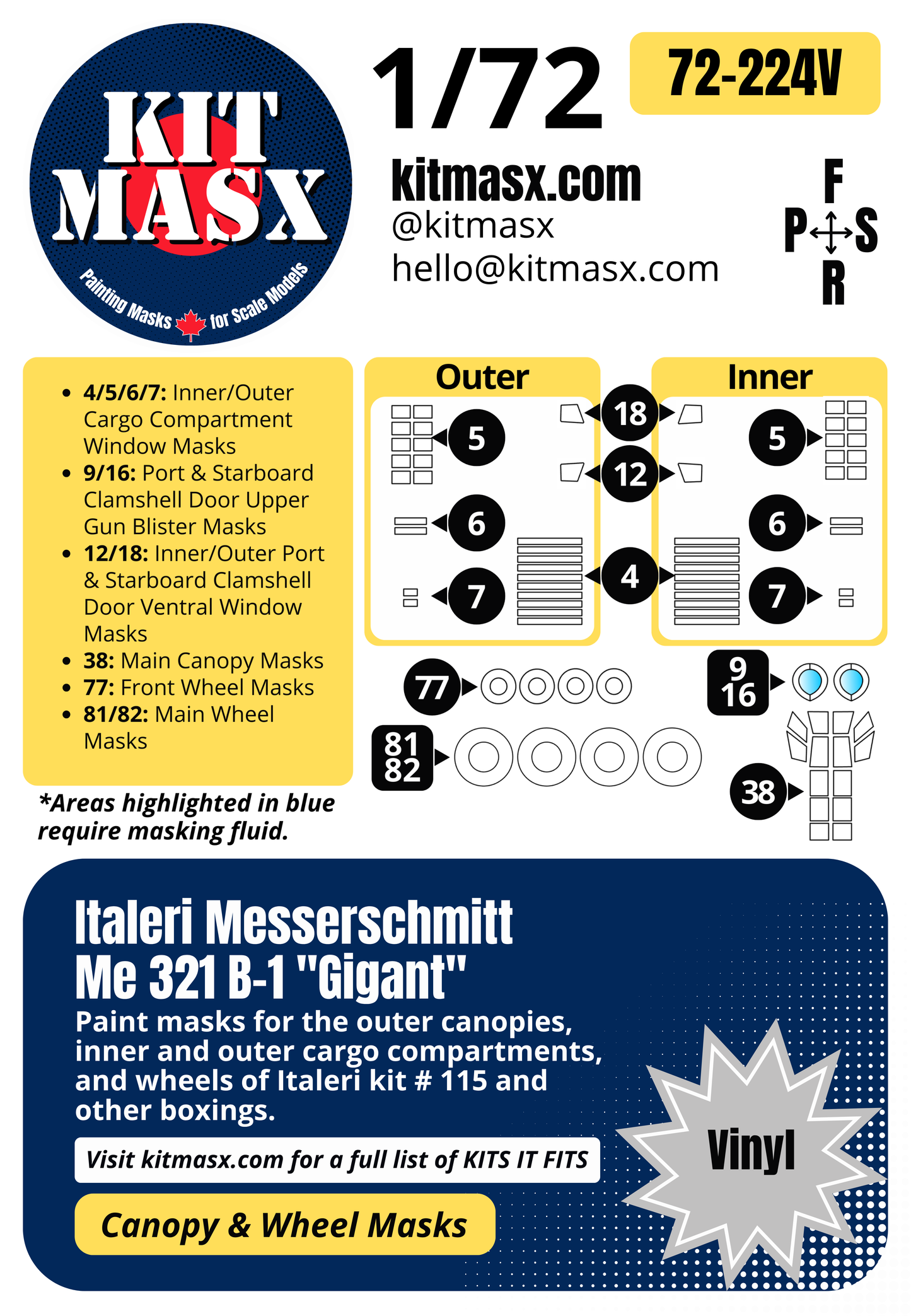 Italeri Messerschmitt Me 321 B-1 "Gigant" 1/72 Canopy & Wheel Paint Masks, Kit # 115