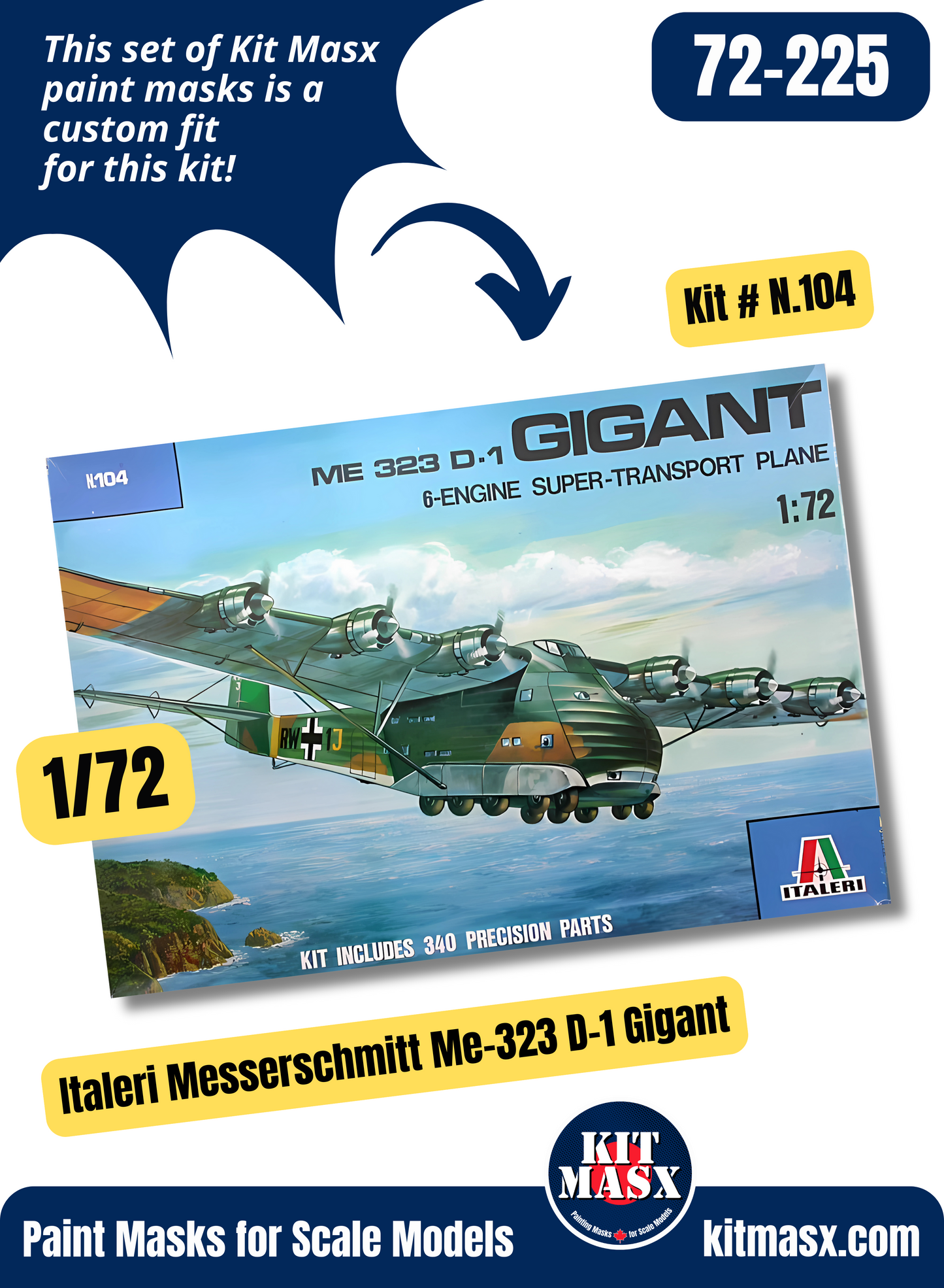 Italeri Messerschmitt Me 323 D-1 "Gigant" 1/72 Canopy & Wheel Paint Masks, Kit # N.104