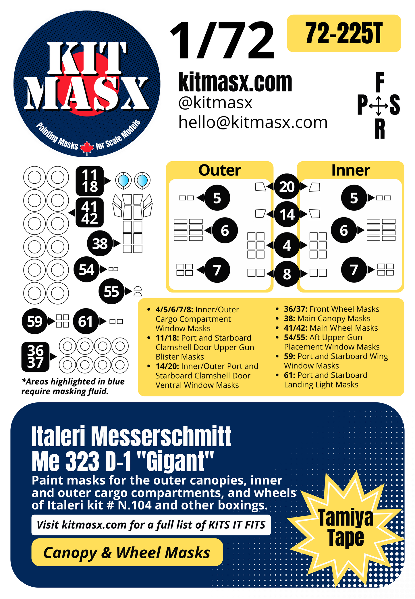 Italeri Messerschmitt Me 323 D-1 "Gigant" 1/72 Canopy & Wheel Paint Masks, Kit # N.104