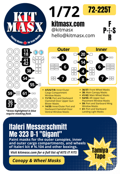 Italeri Messerschmitt Me 323 D-1 "Gigant" 1/72 Canopy & Wheel Paint Masks, Kit # N.104