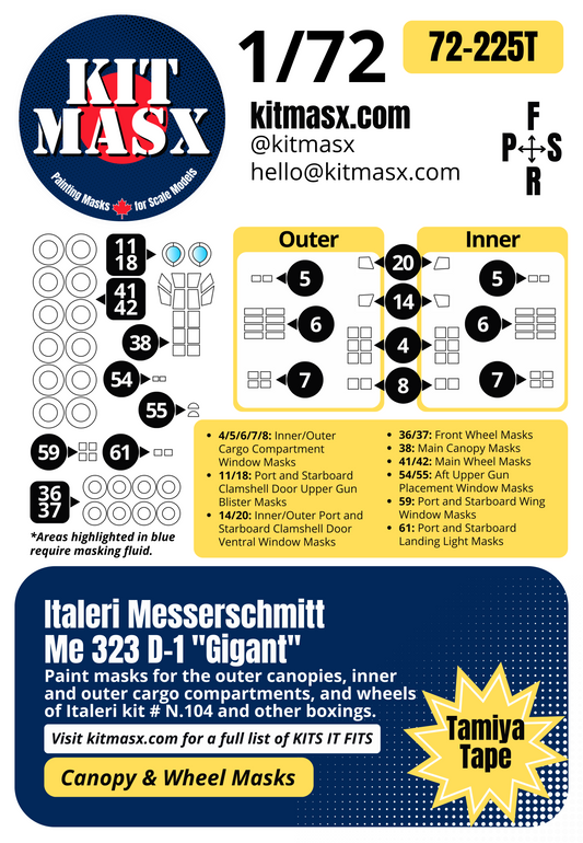 Italeri Messerschmitt Me 323 D-1 "Gigant" 1/72 Canopy & Wheel Paint Masks, Kit # N.104