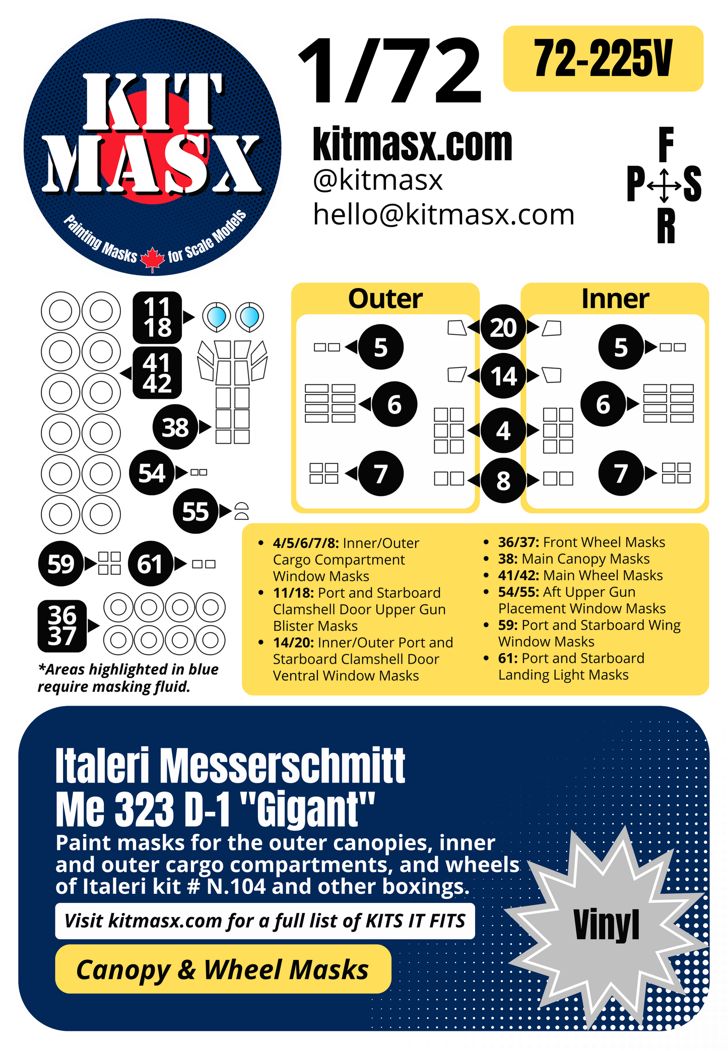 Italeri Messerschmitt Me 323 D-1 "Gigant" 1/72 Canopy & Wheel Paint Masks, Kit # N.104