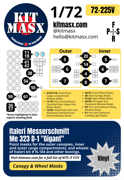 Italeri Messerschmitt Me 323 D-1 "Gigant" 1/72 Canopy & Wheel Paint Masks, Kit # N.104
