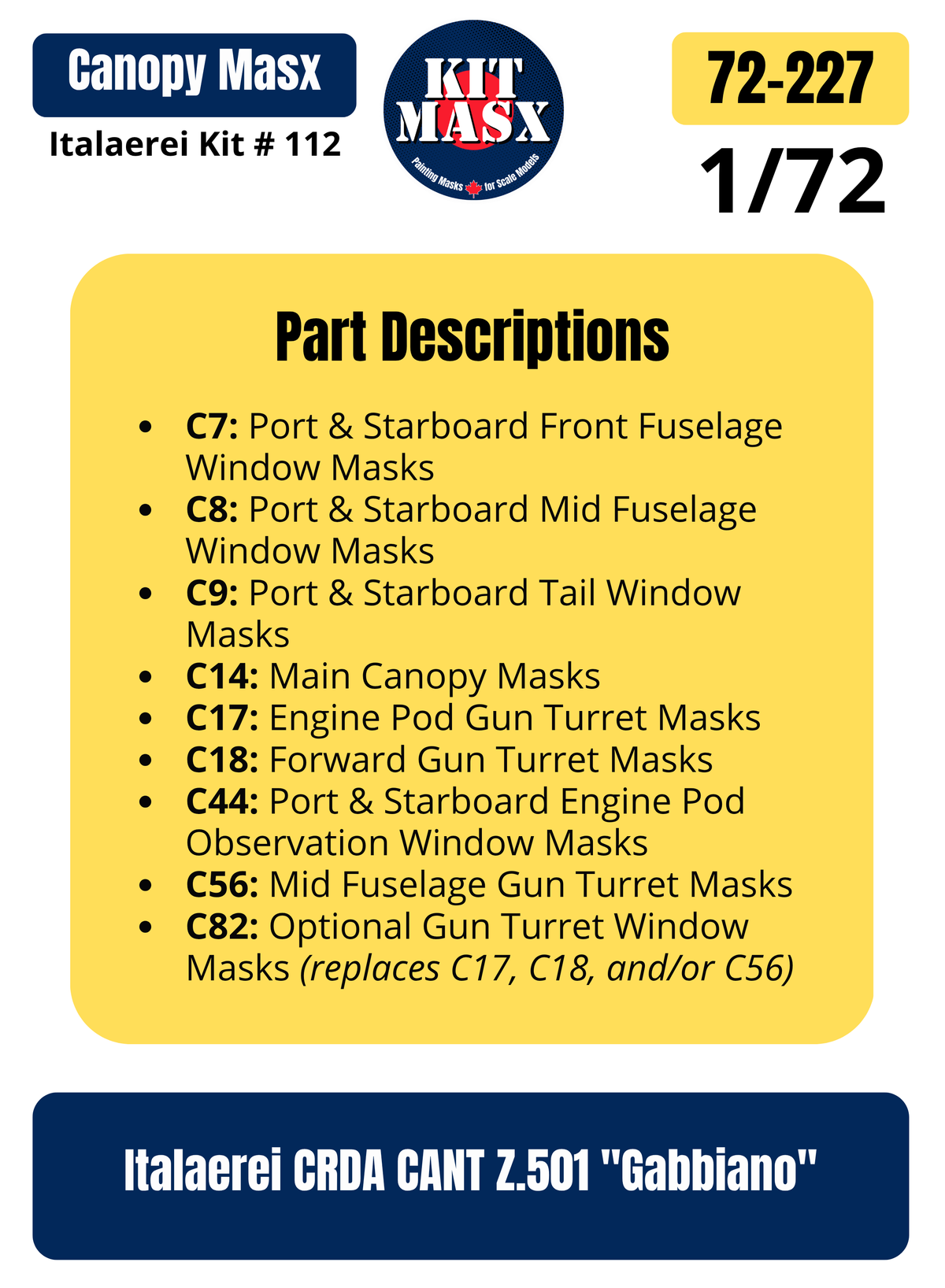 Italaerei CRDA CANT Z.501 "Gabbiano" 1/72 Canopy Paint Masks, Kit # 112 (72227)