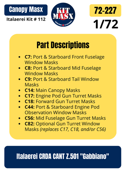 Italaerei CRDA CANT Z.501 "Gabbiano" 1/72 Canopy Paint Masks, Kit # 112 (72227)