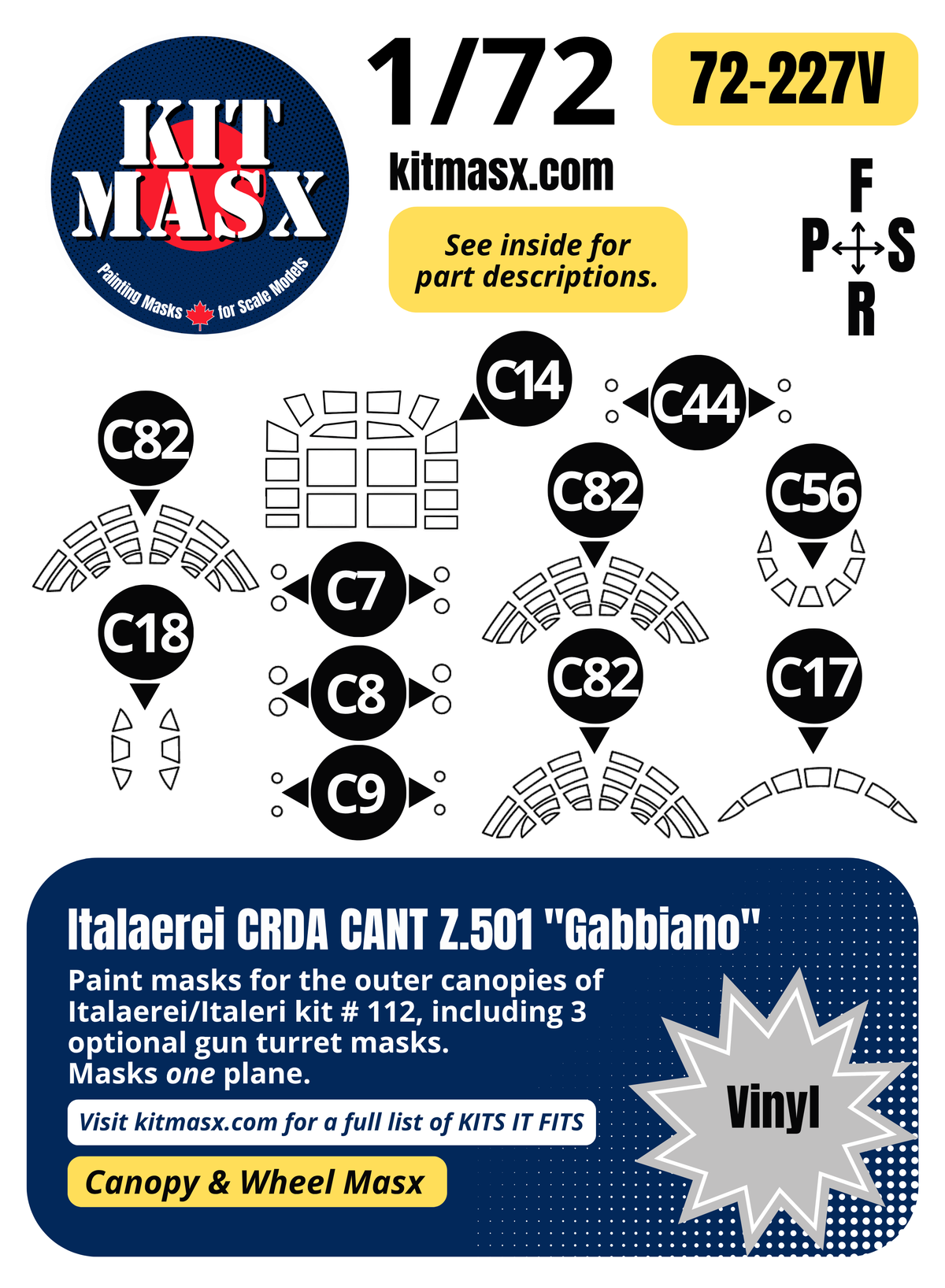 Italaerei CRDA CANT Z.501 "Gabbiano" 1/72 Canopy Paint Masks, Kit # 112 (72227)