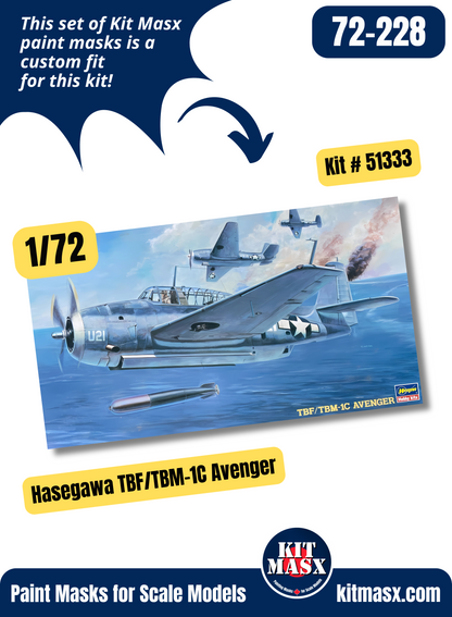 Hasegawa Grumman TBF/TBM-1C, TBM-3, TBM-3E, Avenger A.S. Mk.IV & A.S.4 1/72 Canopy & Wheel Paint Masks, Kit # 51333