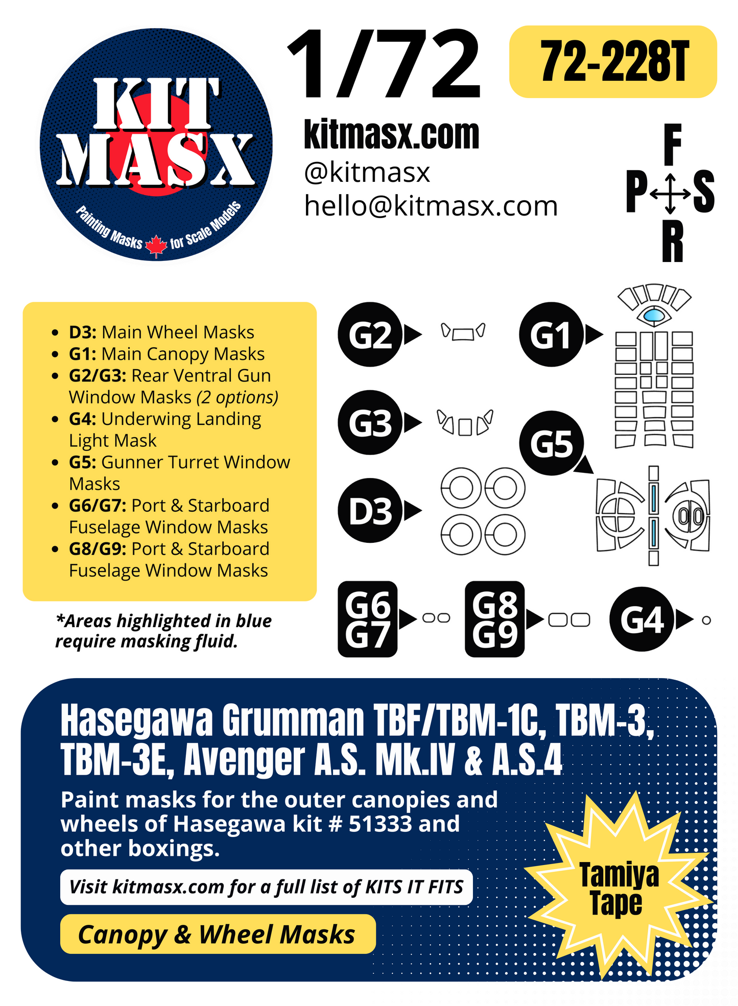 Hasegawa Grumman TBF/TBM-1C, TBM-3, TBM-3E, Avenger A.S. Mk.IV & A.S.4 1/72 Canopy & Wheel Paint Masks, Kit # 51333