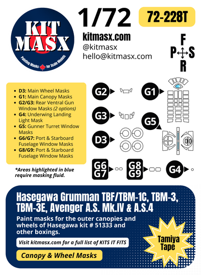 Hasegawa Grumman TBF/TBM-1C, TBM-3, TBM-3E, Avenger A.S. Mk.IV & A.S.4 1/72 Canopy & Wheel Paint Masks, Kit # 51333