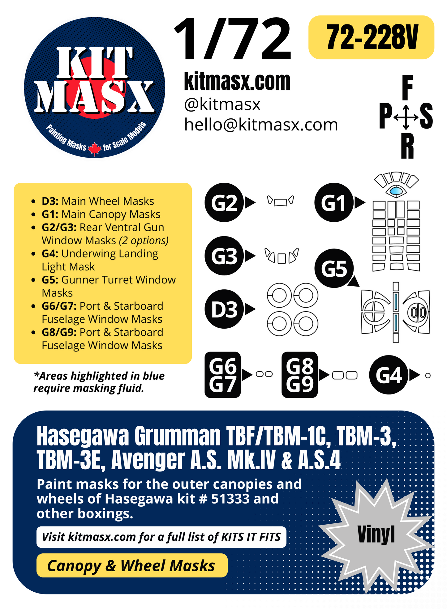 Hasegawa Grumman TBF/TBM-1C, TBM-3, TBM-3E, Avenger A.S. Mk.IV & A.S.4 1/72 Canopy & Wheel Paint Masks, Kit # 51333