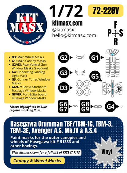 Hasegawa Grumman TBF/TBM-1C, TBM-3, TBM-3E, Avenger A.S. Mk.IV & A.S.4 1/72 Canopy & Wheel Paint Masks, Kit # 51333