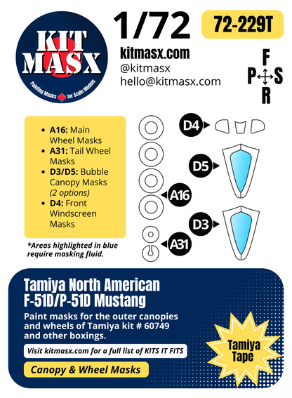 Tamiya North American F-51D/P-51D Mustang 1/72 Canopy & Wheel Paint Masks, Kit # 60749