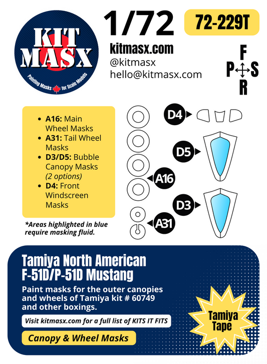 Tamiya North American F-51D/P-51D Mustang 1/72 Canopy & Wheel Paint Masks, Kit # 60749