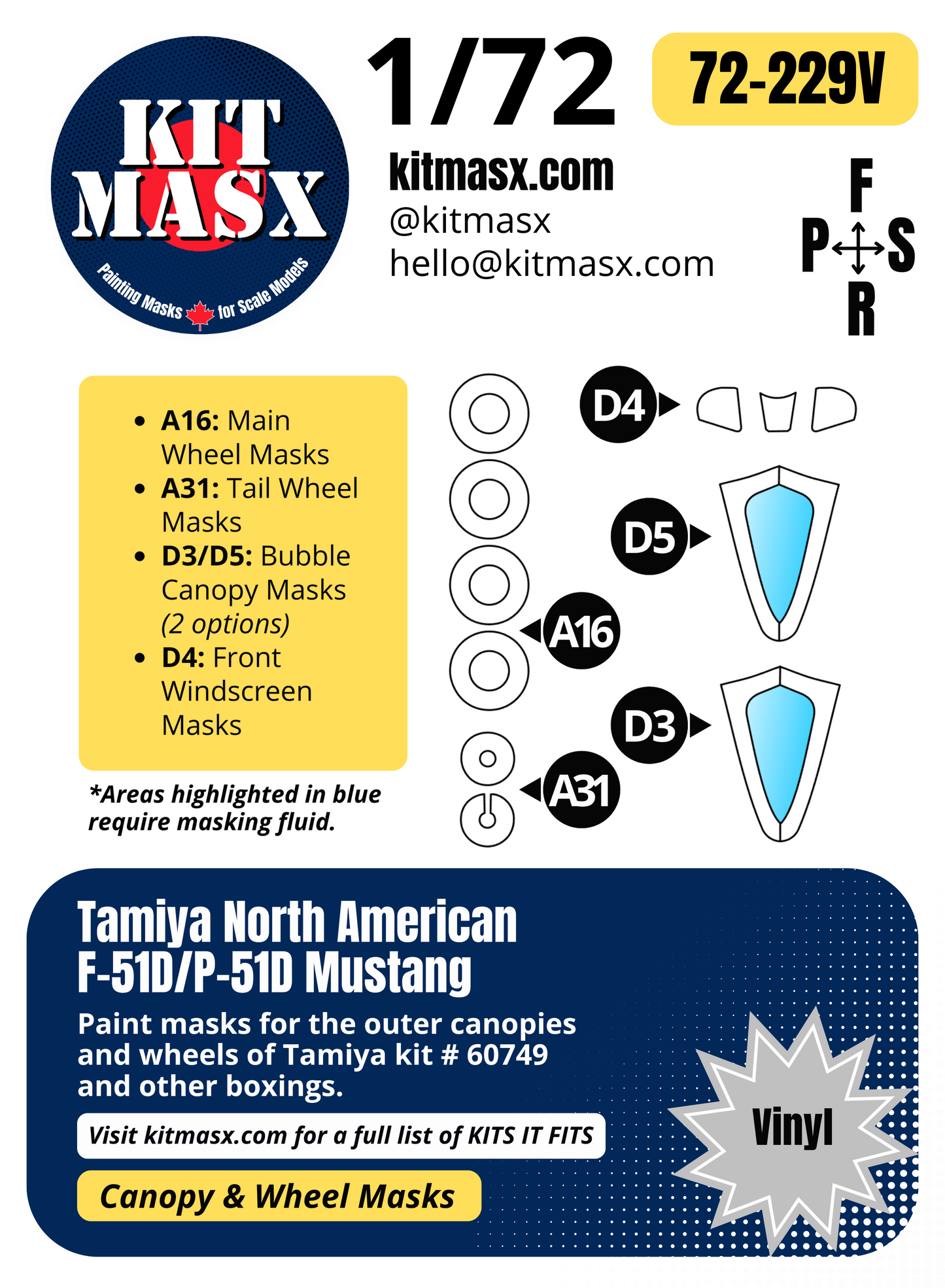 Tamiya North American F-51D/P-51D Mustang 1/72 Canopy & Wheel Paint Masks, Kit # 60749