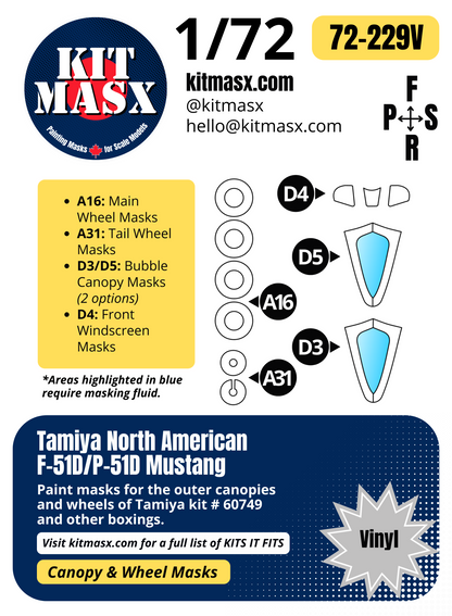 Tamiya North American F-51D/P-51D Mustang 1/72 Canopy & Wheel Paint Masks, Kit # 60749