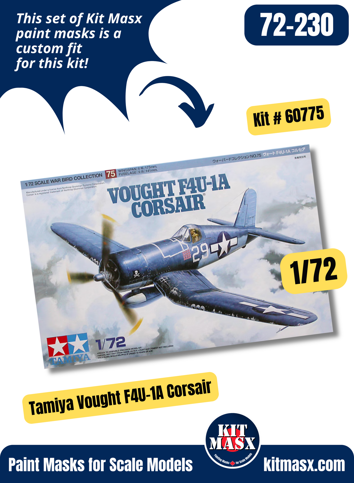 Tamiya Chance Vought F4U-1A/F4U-1D Corsair 1/72 Canopy & Wheel Paint Masks, Kit # 60775