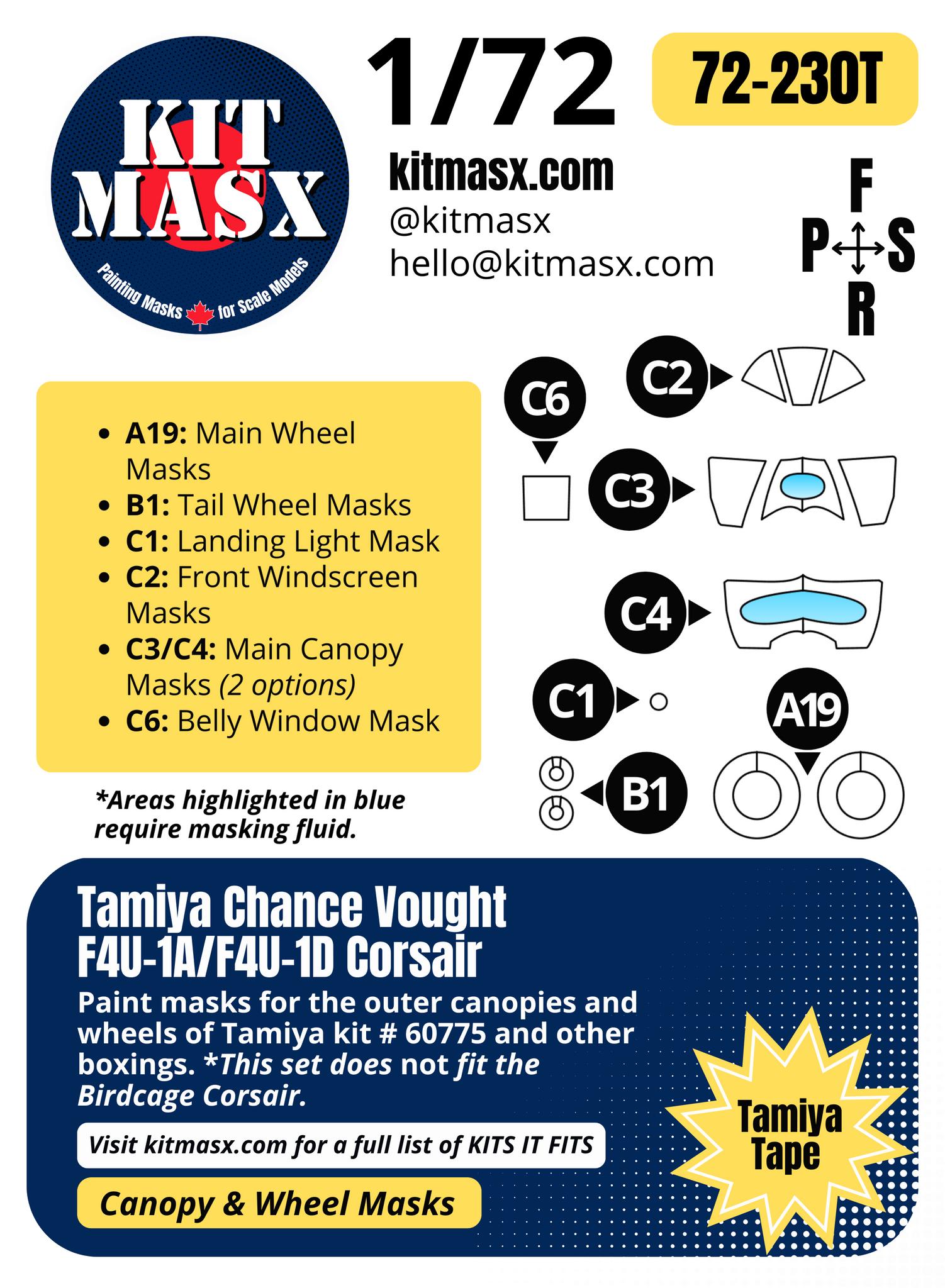 Tamiya Chance Vought F4U-1A/F4U-1D Corsair 1/72 Canopy & Wheel Paint Masks, Kit # 60775
