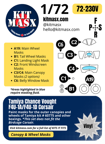 Tamiya Chance Vought F4U-1A/F4U-1D Corsair 1/72 Canopy & Wheel Paint Masks, Kit # 60775