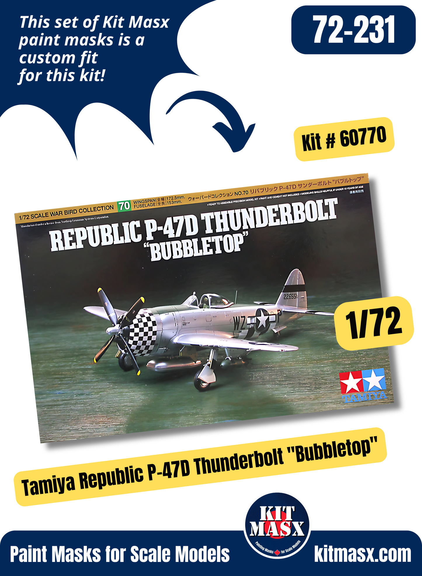 Tamiya Republic P-47D Thunderbolt "Bubbletop" 1/72 Canopy & Wheel Paint Masks, Kit # 60770