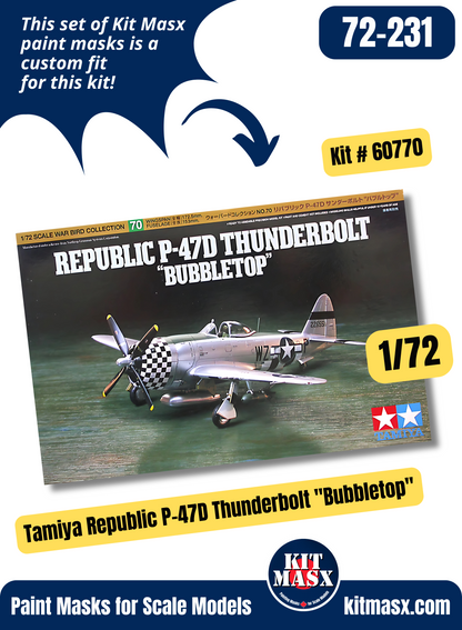 Tamiya Republic P-47D Thunderbolt "Bubbletop" 1/72 Canopy & Wheel Paint Masks, Kit # 60770