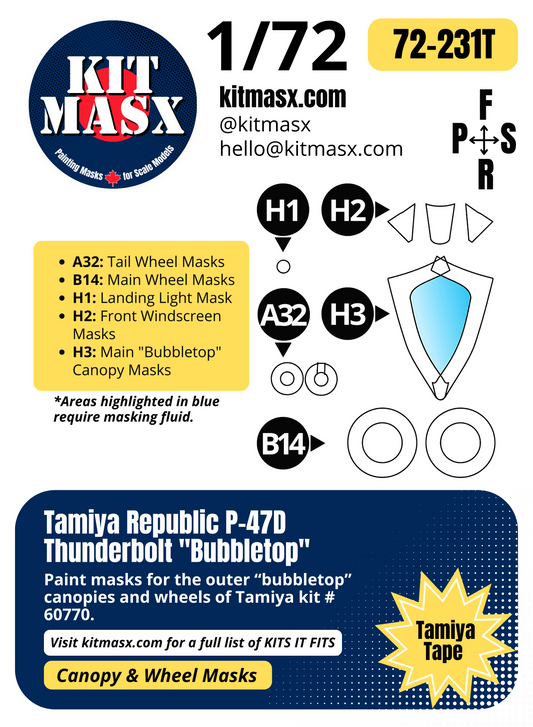 Tamiya Republic P-47D Thunderbolt "Bubbletop" 1/72 Canopy & Wheel Paint Masks, Kit # 60770