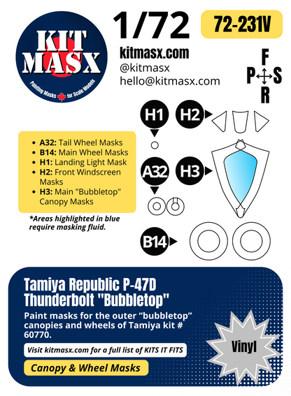 Tamiya Republic P-47D Thunderbolt "Bubbletop" 1/72 Canopy & Wheel Paint Masks, Kit # 60770