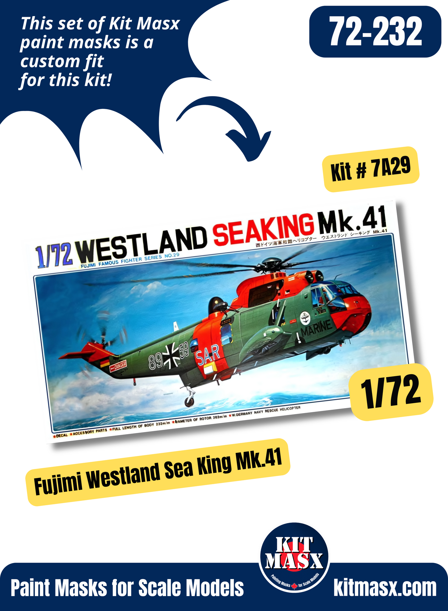 Fujimi Westland Sea King Mk.41, HAR Mk.3, Sikorsky SH-3H/3A, HSS-2B, CH-3 Sea King 1/72 Canopy & Wheel Paint Masks, Kit # 7A29