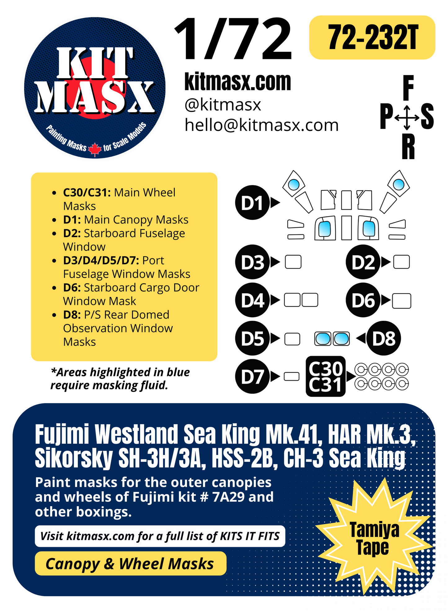 Fujimi Westland Sea King Mk.41, HAR Mk.3, Sikorsky SH-3H/3A, HSS-2B, CH-3 Sea King 1/72 Canopy & Wheel Paint Masks, Kit # 7A29