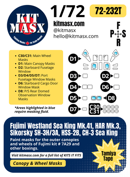 Fujimi Westland Sea King Mk.41, HAR Mk.3, Sikorsky SH-3H/3A, HSS-2B, CH-3 Sea King 1/72 Canopy & Wheel Paint Masks, Kit # 7A29
