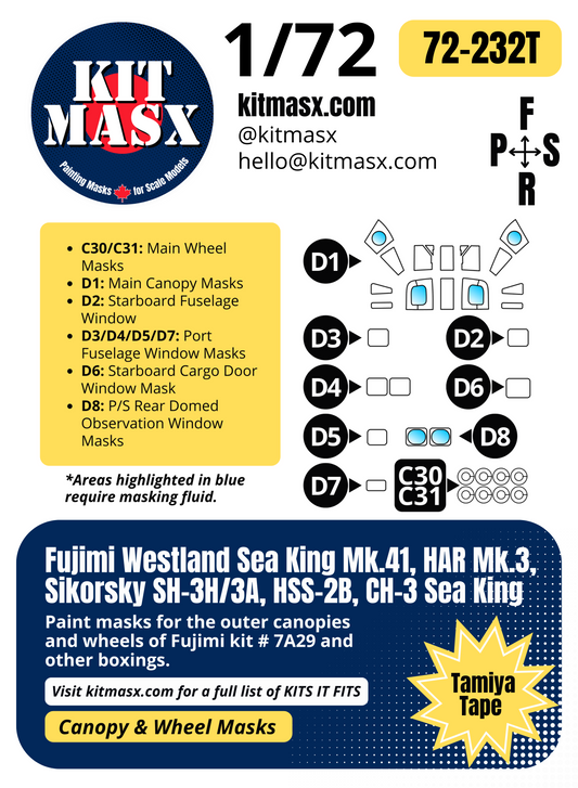 Fujimi Westland Sea King Mk.41, HAR Mk.3, Sikorsky SH-3H/3A, HSS-2B, CH-3 Sea King 1/72 Canopy & Wheel Paint Masks, Kit # 7A29