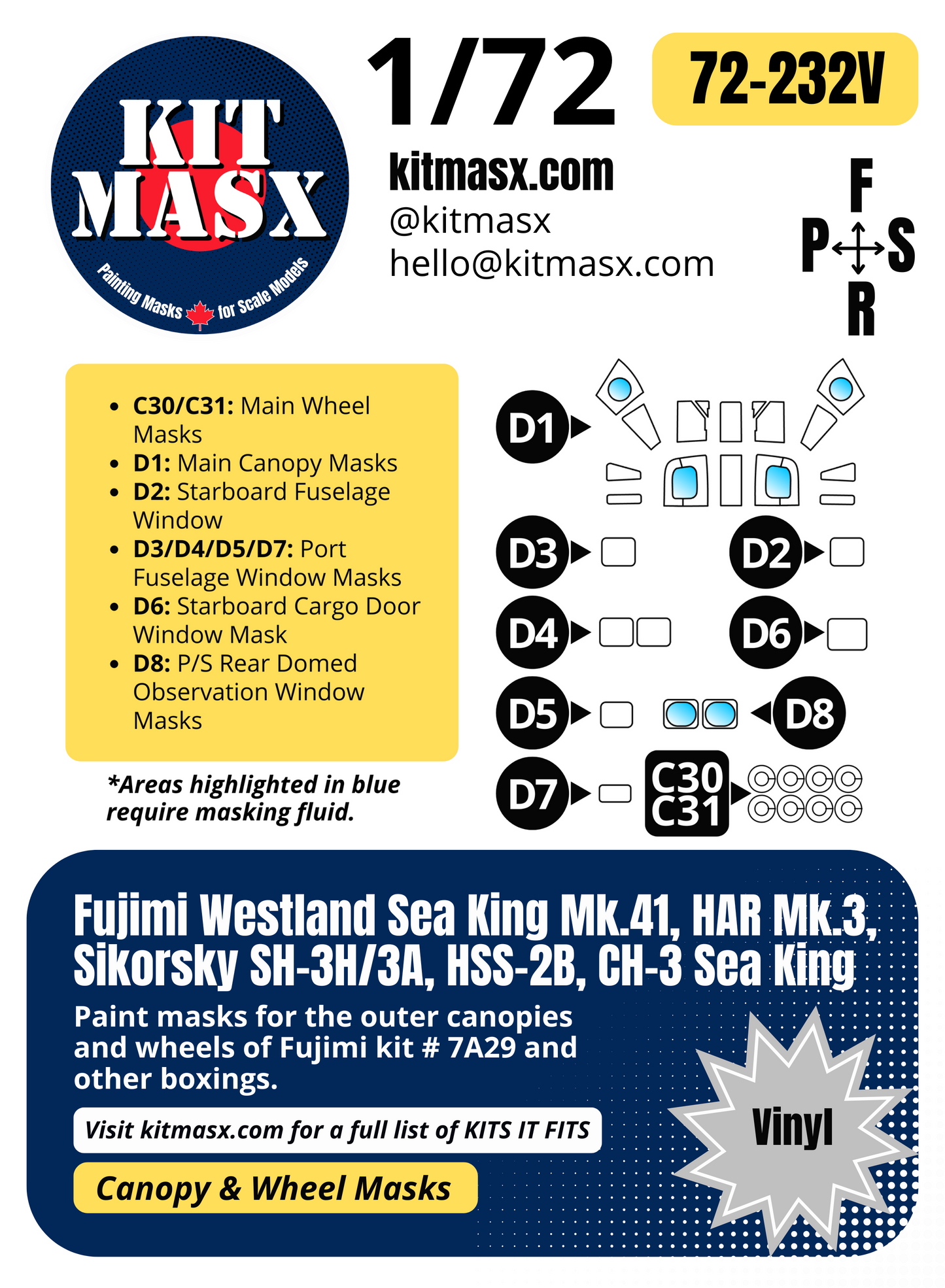 Fujimi Westland Sea King Mk.41, HAR Mk.3, Sikorsky SH-3H/3A, HSS-2B, CH-3 Sea King 1/72 Canopy & Wheel Paint Masks, Kit # 7A29