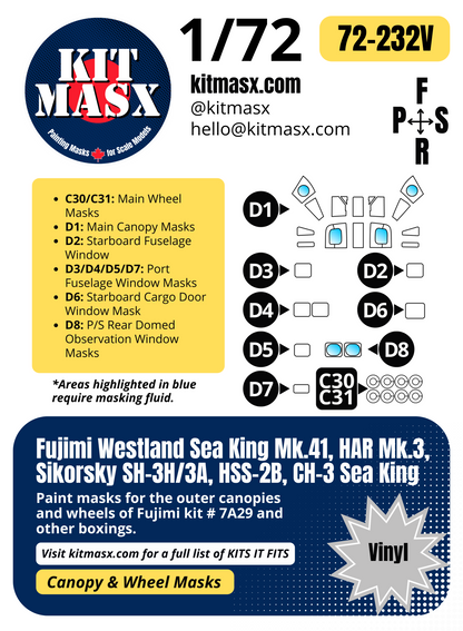 Fujimi Westland Sea King Mk.41, HAR Mk.3, Sikorsky SH-3H/3A, HSS-2B, CH-3 Sea King 1/72 Canopy & Wheel Paint Masks, Kit # 7A29