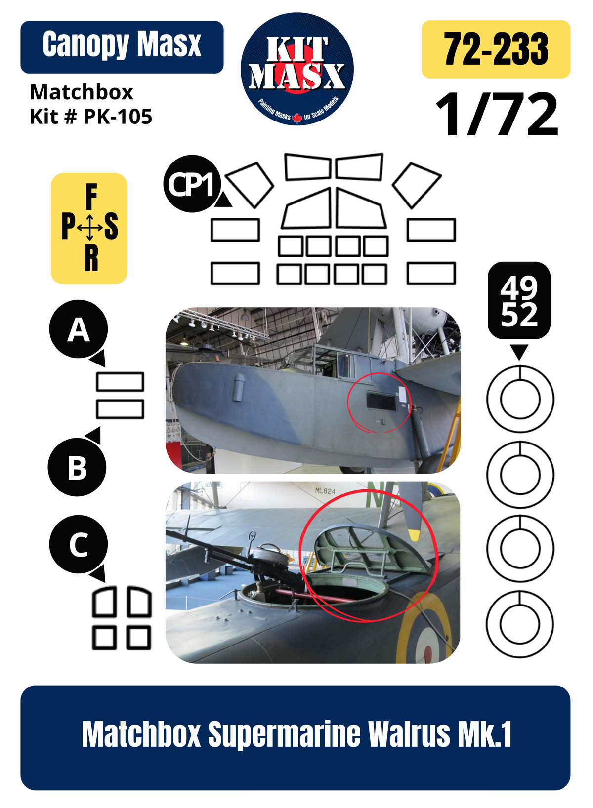 Matchbox Supermarine Walrus Mk.1 1/72 Canopy & Wheel Paint Masks, Kit # PK-105 (72233)