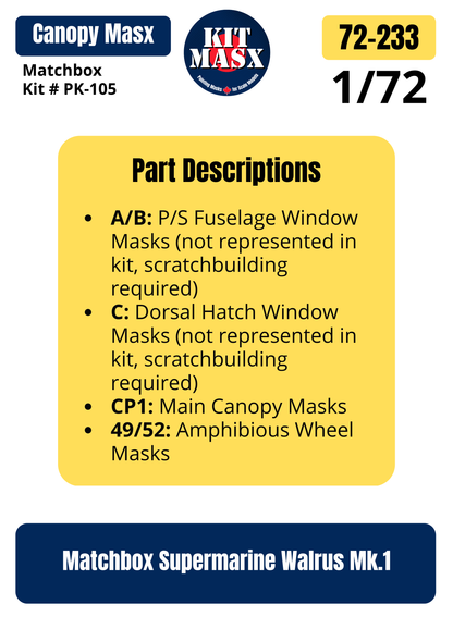 Matchbox Supermarine Walrus Mk.1 1/72 Canopy & Wheel Paint Masks, Kit # PK-105 (72233)
