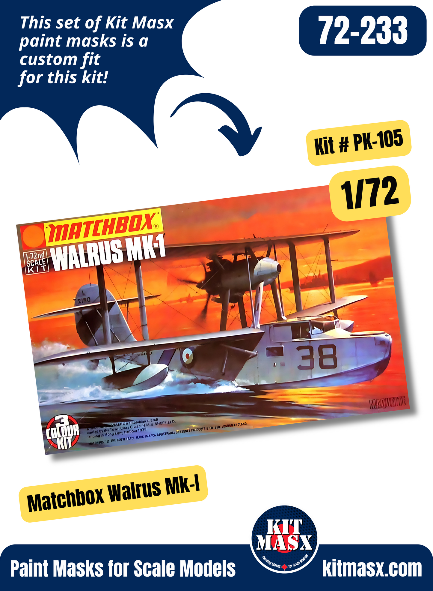 Matchbox Supermarine Walrus Mk.1 1/72 Canopy & Wheel Paint Masks, Kit # PK-105