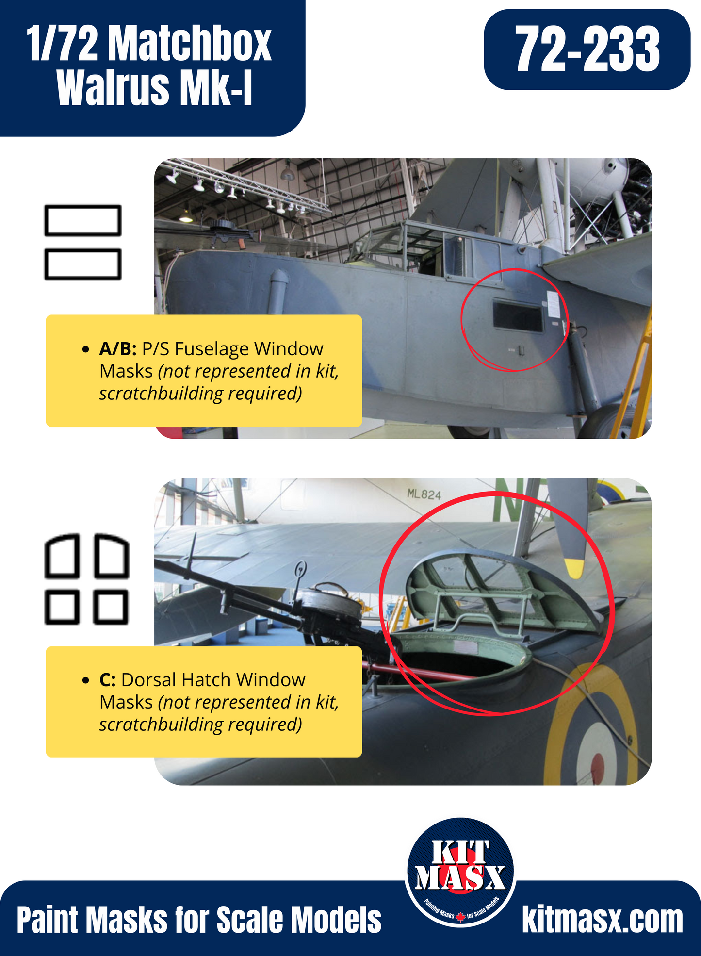 Matchbox Supermarine Walrus Mk.1 1/72 Canopy & Wheel Paint Masks, Kit # PK-105