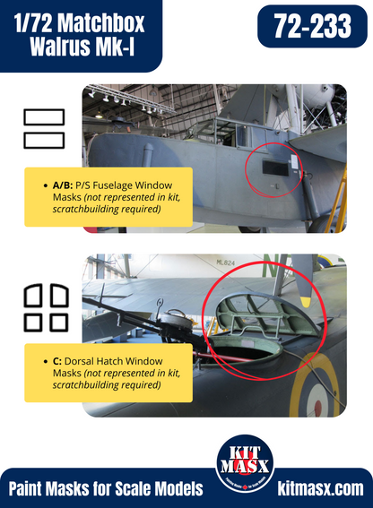 Matchbox Supermarine Walrus Mk.1 1/72 Canopy & Wheel Paint Masks, Kit # PK-105