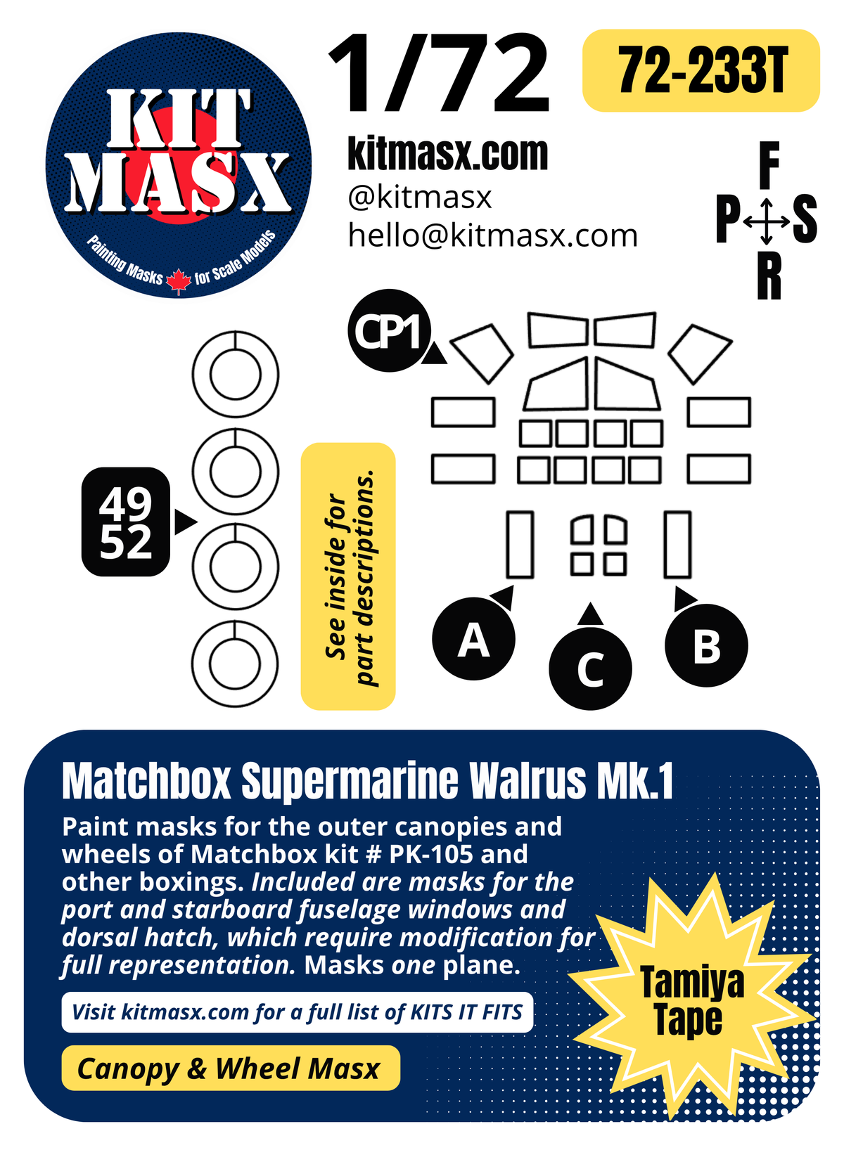 Matchbox Supermarine Walrus Mk.1 1/72 Canopy & Wheel Paint Masks, Kit # PK-105 (72233)