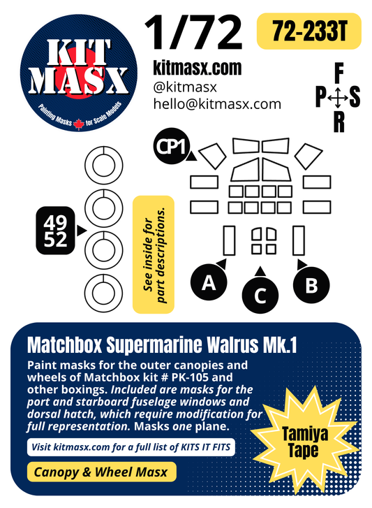 Matchbox Supermarine Walrus Mk.1 1/72 Canopy & Wheel Paint Masks, Kit # PK-105 (72233)