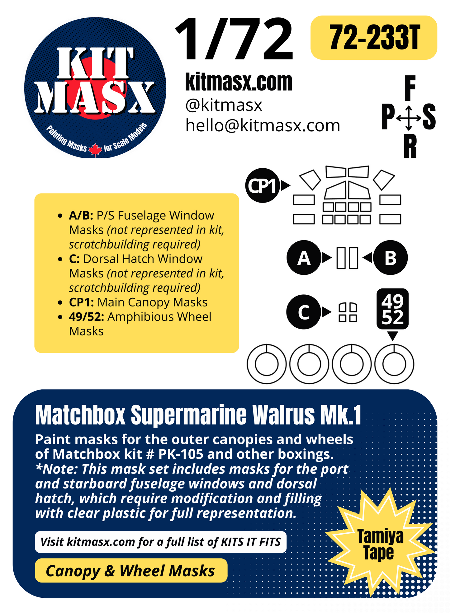 Matchbox Supermarine Walrus Mk.1 1/72 Canopy & Wheel Paint Masks, Kit # PK-105
