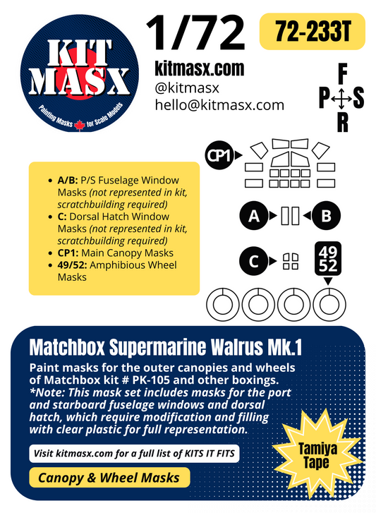 Matchbox Supermarine Walrus Mk.1 1/72 Canopy & Wheel Paint Masks, Kit # PK-105