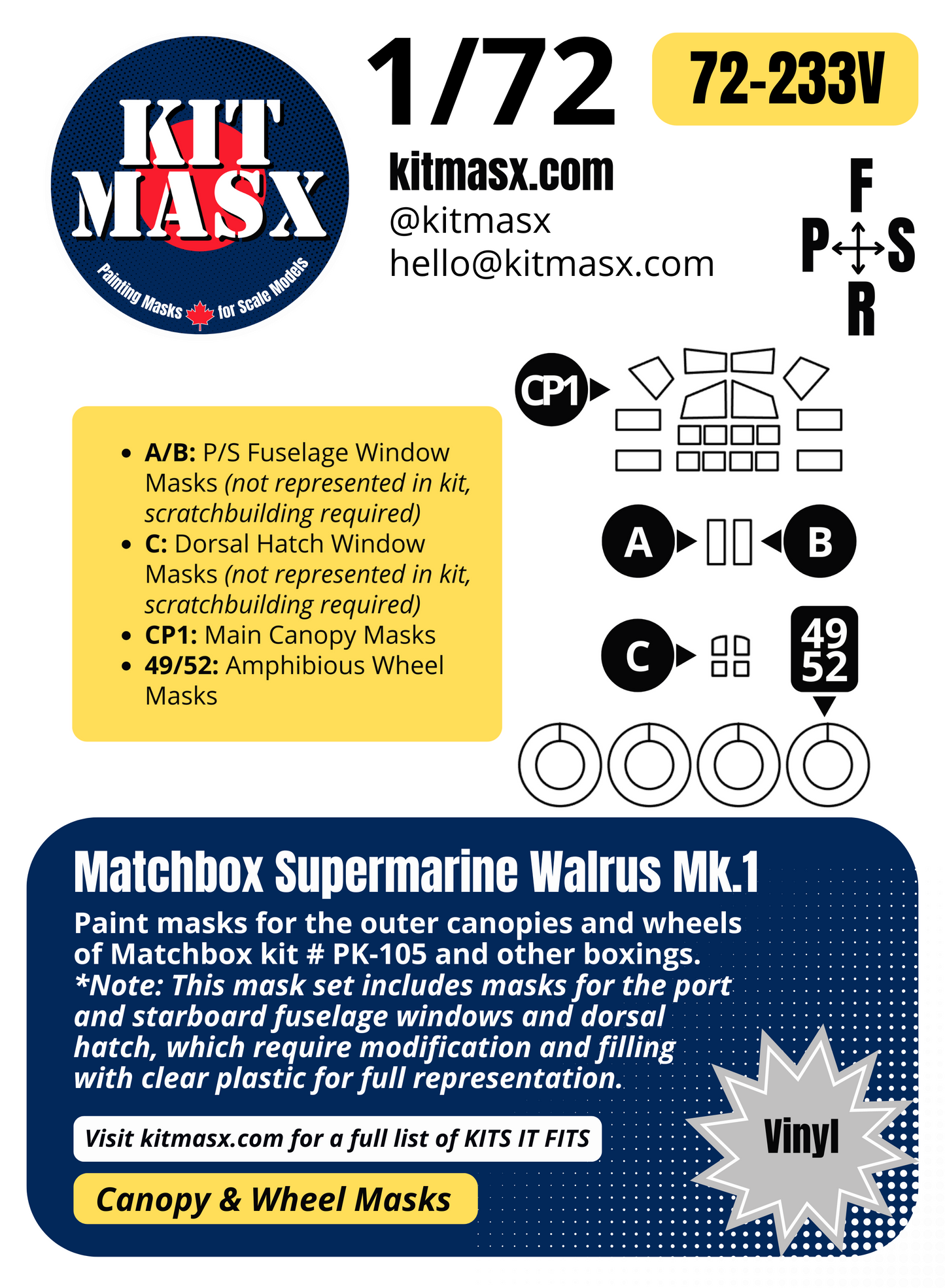 Matchbox Supermarine Walrus Mk.1 1/72 Canopy & Wheel Paint Masks, Kit # PK-105