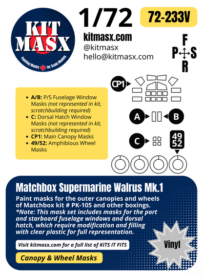 Matchbox Supermarine Walrus Mk.1 1/72 Canopy & Wheel Paint Masks, Kit # PK-105