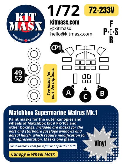 Matchbox Supermarine Walrus Mk.1 1/72 Canopy & Wheel Paint Masks, Kit # PK-105 (72233)