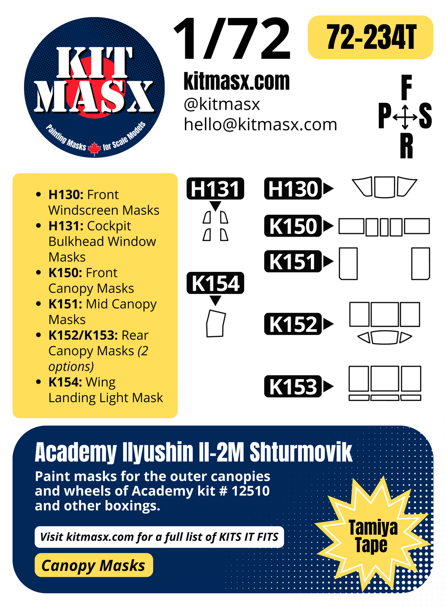 Academy Ilyushin Il-2M Shturmovik 1/72 Canopy Paint Masks, Kit # 12510