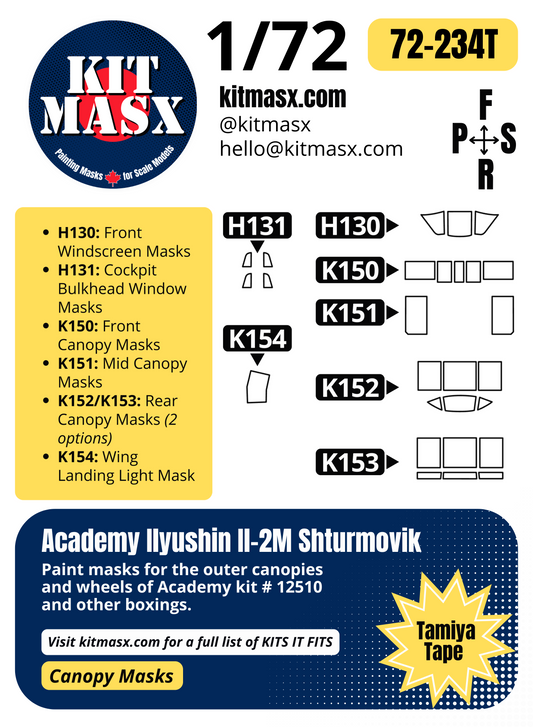 Academy Ilyushin Il-2M Shturmovik 1/72 Canopy Paint Masks, Kit # 12510