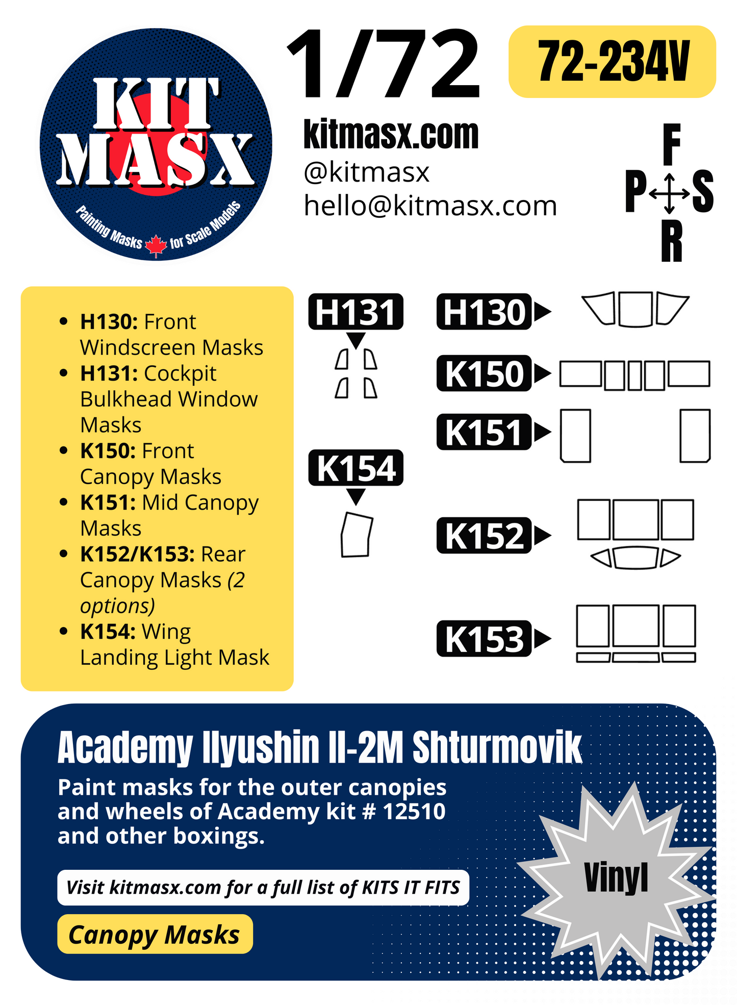 Academy Ilyushin Il-2M Shturmovik 1/72 Canopy Paint Masks, Kit # 12510
